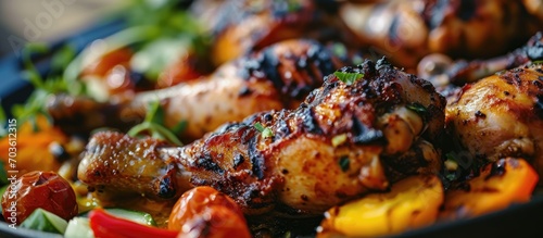 Close-up view of grilled chicken legs and vegetables.