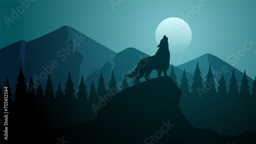Wildlife wolf landscape vector illustration. Silhouette of wolf howling at full moon night. Wildlife wolf landscape for illustration, background or wallpaper photo