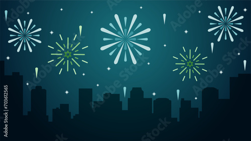 New year cityscape vector illustration. City silhouette with sparkling fireworks in new year event. New year landscape for illustration, background or wallpaper. Urban firework festival