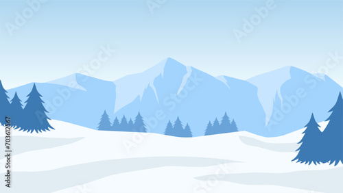 Snowy mountain landscape vector illustration. Scenery of landscape snow covered mountain in cold season. Winter mountain landscape for background, wallpaper or illustration