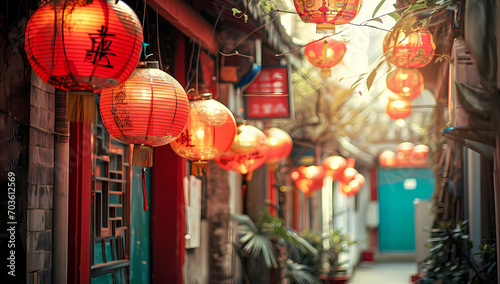 Red chinese lanterns hanging in the street © Sticker Me