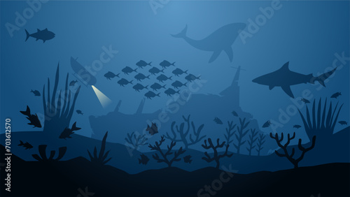 Underwater seascape vector illustration. Deep seascape with shipwreck, submarine, fish and coral reef. Undersea landscape for illustration, background or wallpaper
