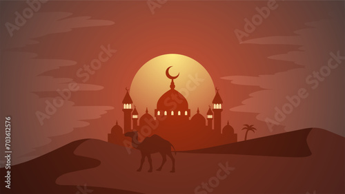 Mosque silhouette at desert in the night. Ramadan landscape design graphic in muslim culture and islam religion. Mosque landscape vector illustration, background or wallpaper
