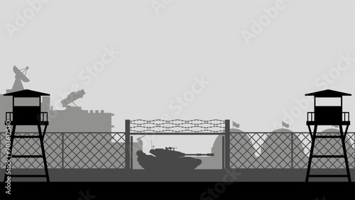 Military base landscape vector illustration. Silhouette of military base gate with tank and watchtower. Military landscape for background, wallpaper or illustration. Army training field illustration