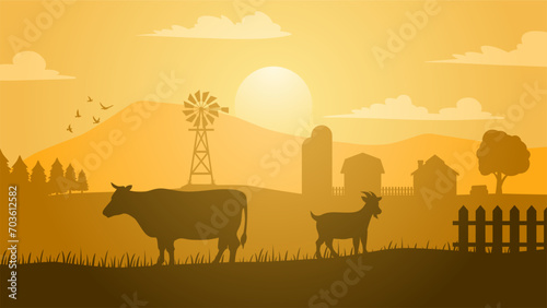 Farmland landscape vector illustration. Countryside silhouette with livestock cow and goat. Rural agriculture landscape for illustration, background or wallpaper