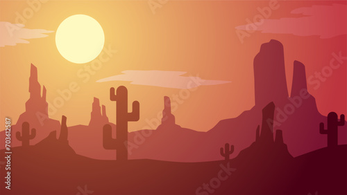 Desert landscape vector illustration. Canyon desert silhouette landscape with sunset sky. Wild west desert landscape for illustration, background or wallpaper. American desert vector illustration
