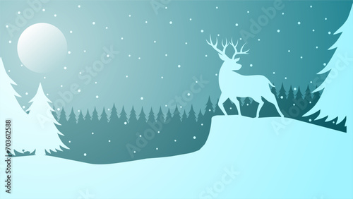 Winter landscape vector illustration. Winter silhouette with deer and pine forest at the snow hill. Cold season landscape for illustration  background or wallpaper