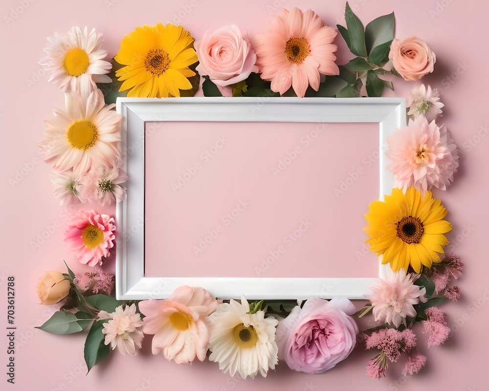 Flowers and frame on pink background. Flat lay, top view