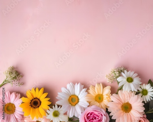 Flowers on pink background. Flat lay  top view  copy space