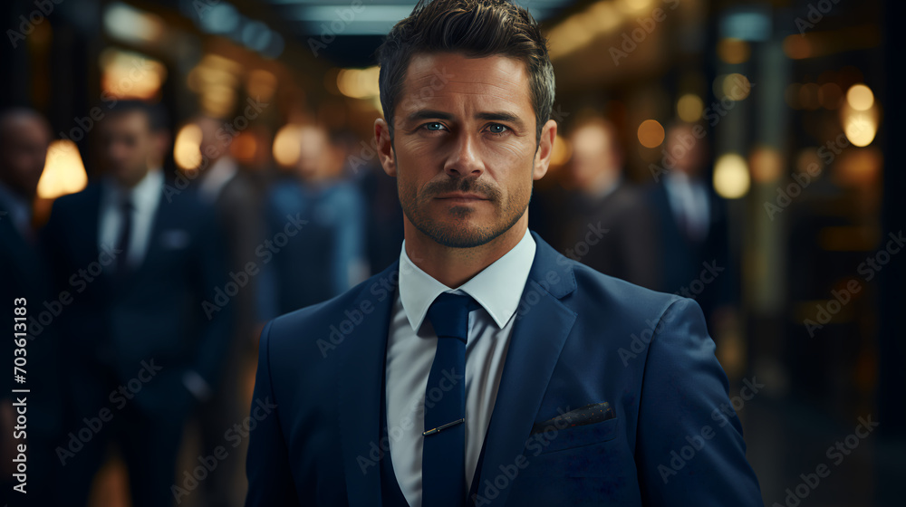 CEO - business executive - profile shot - blue  business suit - bakeh elements - handsome - stylish fashion - leadership - manager 