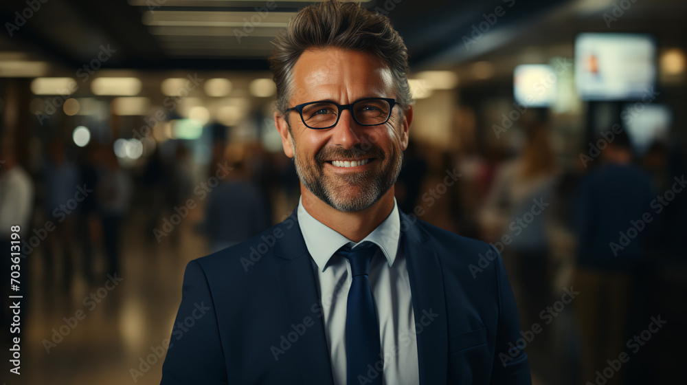 CEO - business executive - profile shot - blue  business suit - bakeh elements - handsome - stylish fashion - leadership - manager  - obrazy, fototapety, plakaty 
