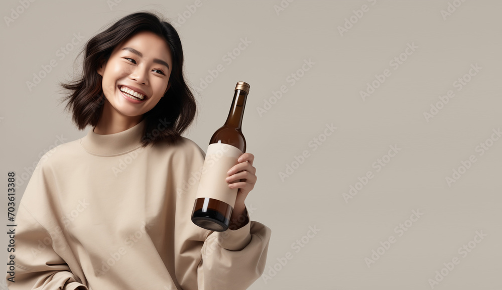 Young asian woman holding a bottle of wine on beige background. Mockup, space for text Young asian woman holding a bottle of wine on beige background. Mockup, space for text