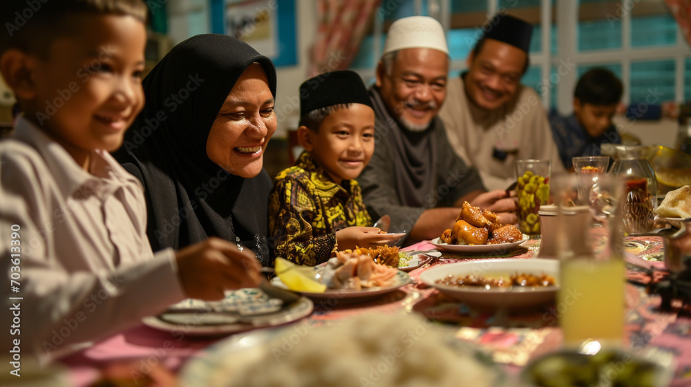 Muslim families having Iftar dinner during Ramadan at home