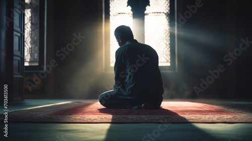 Muslims praying in the mosque near the window