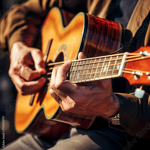A close-up of a musician's hands playing a guitar.