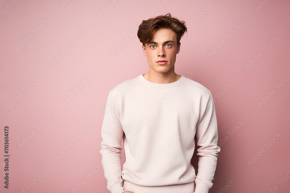 Mockup shirt for design. Portrait of confident young man in short blonde hair wear blank long sleeve T-Shirt. Mockup shirt for design. Portrait of confident young man in short blonde hair wear blank long sleeve T-Shirt.