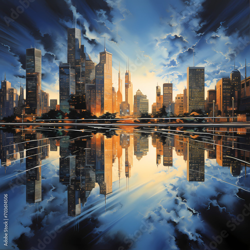 A cityscape with reflections in a river.