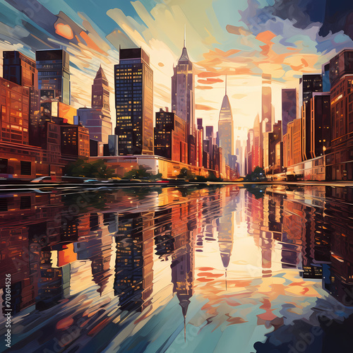 A cityscape with reflections in a river.