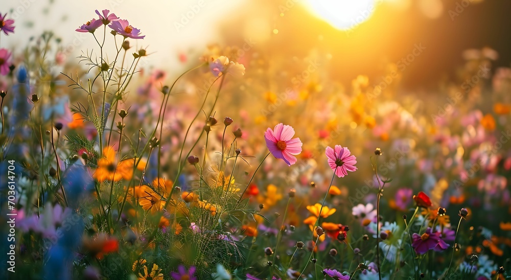 Sunset Radiance - A Serene Field of Colorful Flowers in bloom Awash in Light Pink and Light Cyan Hues