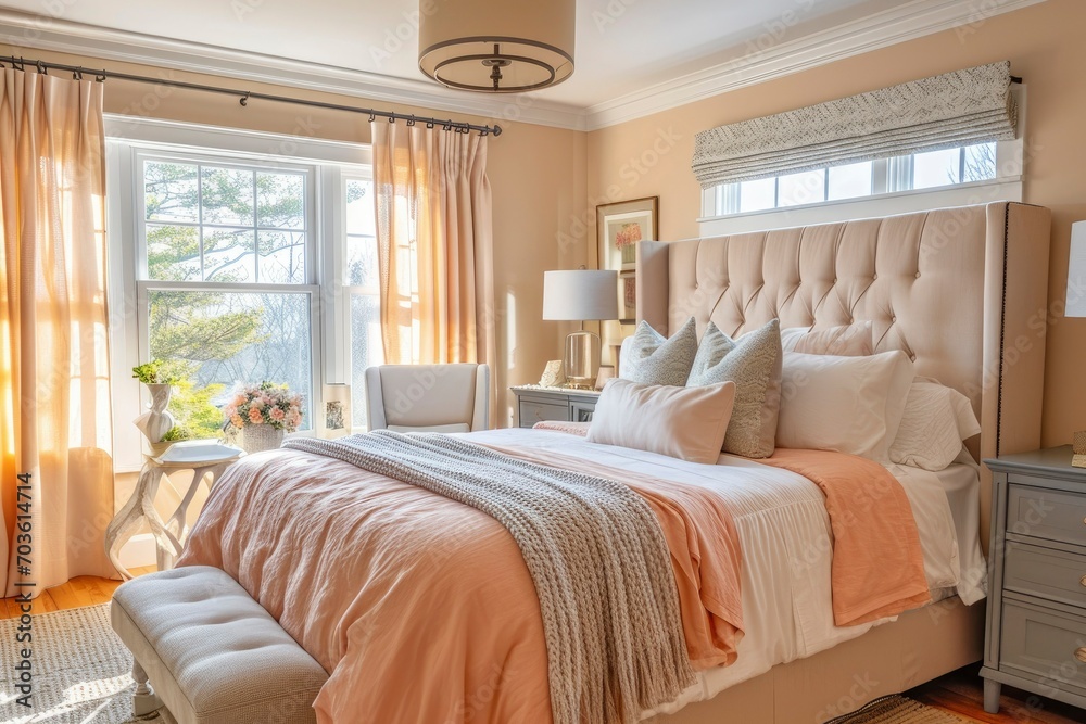 Bedroom in pastel tone peach fuzz color trend 2024 year panton