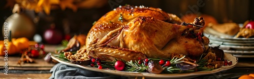 Scrumptious Thanksgiving Feast - Traditional Roast Turkey, Seasonal Sides, and Pumpkin Pie on a Rustic Background photo