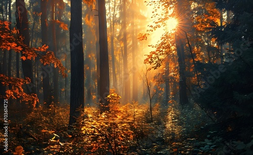 Sunlit Forest Canopy - Nostalgic Nature Scene with Sun Shining Through, Light Emerald and Orange Hues © AgungRikhi