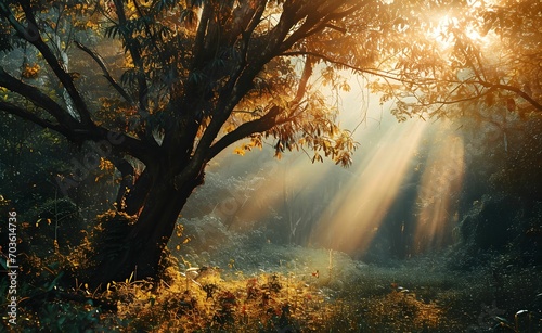 Woodland Harmony - Majestic Tree in Southern Forest Bathed in Sunrays  Vibrant Stage Backdrop