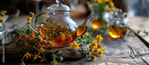 Herbal tea brewed in a teapot becomes an herbal drink made from Hypericum flowers, known for their medicinal benefits in herbal medicine and homeopathy.