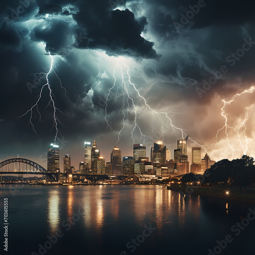 A dramatic thunderstorm over a city skyline.