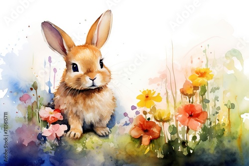 Small young rabbit is sitting in field among wildflowers and grass. Watercolor cute bunny and spring flowers. Happy Easter concept. Floral postcard, card, banner, element for design with animal