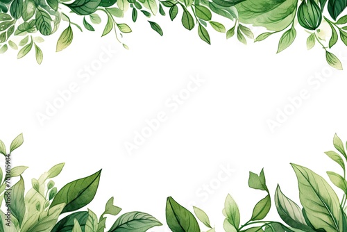Watercolor green leaves frame. Herbal eucalyptus border. Green leaves and branches on white background. Simple minimalistic design for card, invitation, poster, save the date, wedding or greeting