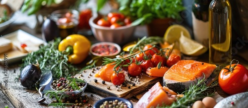 Variety of nutritious food for a flexible Mediterranean diet. photo