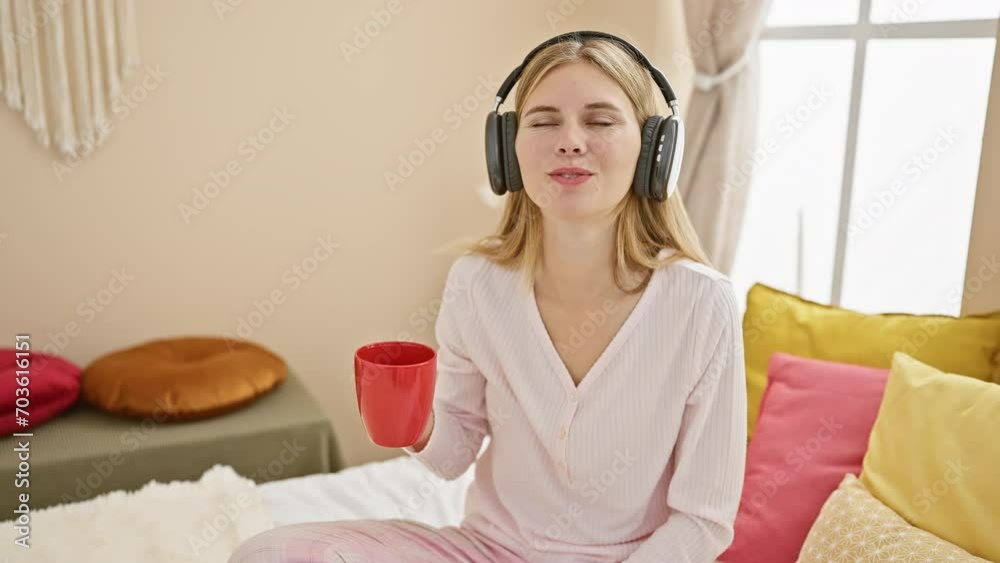 A young caucasian woman enjoys music with headphones and coffee in a cozy bedroom morning. A young caucasian woman enjoys music with headphones and coffee in a cozy bedroom morning.