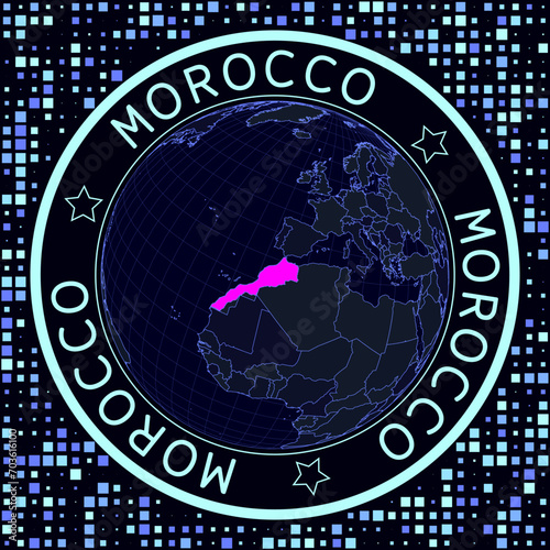 Morocco on globe vector. Futuristic satellite view of the world centered on Morocco. Geographical illustration with shape of country and squares background. Bright neon colors on dark background.