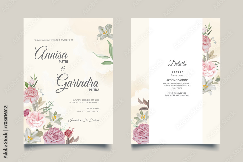 Elegant wedding invitation cards template with pink and blush roses design Premium Vector