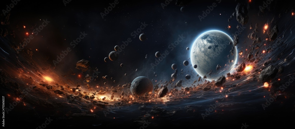 Big Bang theory: illustration with dark matter, suns, meteors, planets.