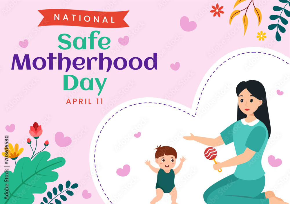 National Safe Motherhood Day Vector Illustration on 11 April with Pregnant Mother and Kids for the Healthcare of Women and Maternity Facilities