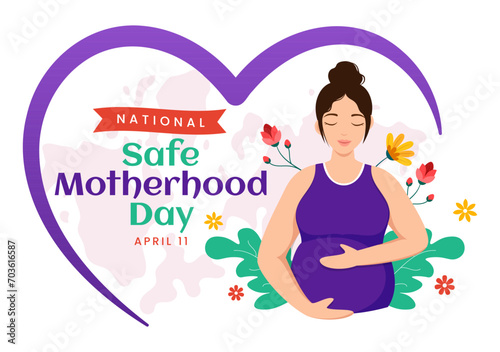 National Safe Motherhood Day Vector Illustration on 11 April with Pregnant Mother and Kids for the Healthcare of Women and Maternity Facilities