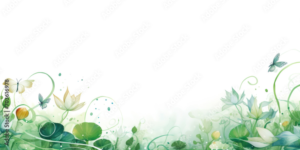 Floral green springtime background with leaves and butterflies and copy space Floral green springtime background with leaves and butterflies and copy space