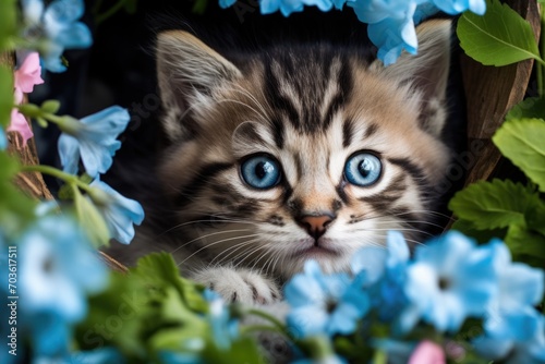 Striped grey kitten in flowers