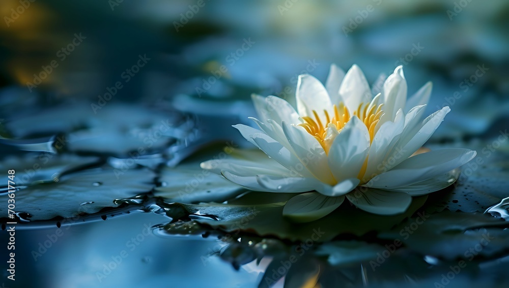 Serenity's Embrace - White Water Lily on a Romantic Soft Focus Blue Background