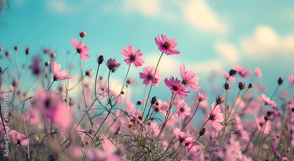 Sunlit Symphony - A Field of Pink Flowers Amidst a Blue Sky in Light Yellow and Light Cyan Tones Sunlit Symphony - A Field of Pink Flowers Amidst a Blue Sky in Light Yellow and Light Cyan Tones