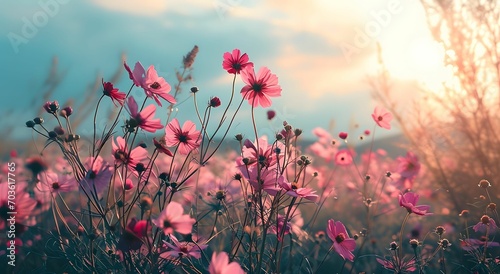Sunlit Symphony - A Field of Pink Flowers Amidst a Blue Sky in Light Yellow and Light Cyan Tones