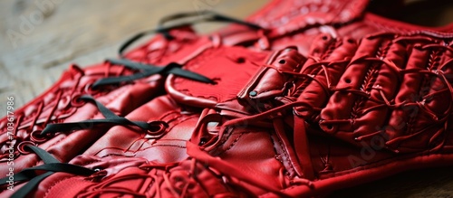 Red and laced body protector for taekwondo. photo