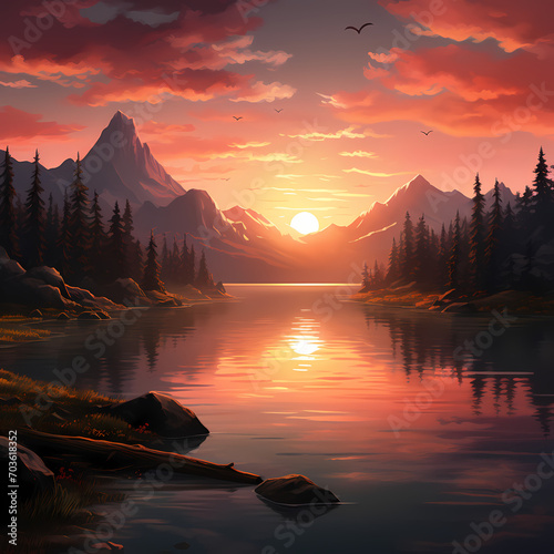 A serene sunset over a mountain lake.