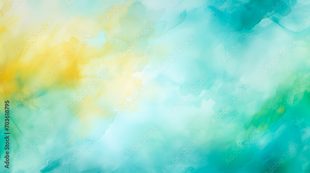 yellow teal mint cyan white abstract watercolor. Colorful art background. Light pastel. Brush splash daub stain grunge