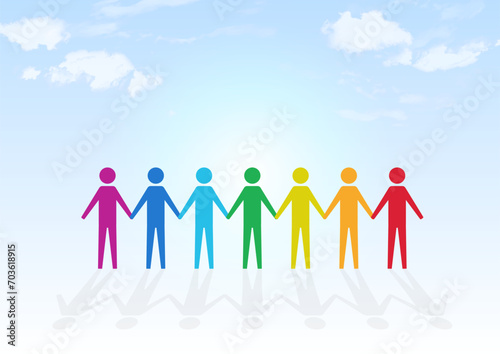 手を繋ぐ虹色の人々と空背景
