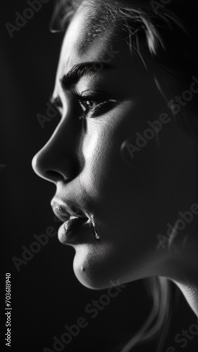  black and white side view portrait of a person with a single tear gently tracing down their cheek, blurring the line between skin and the teardrop. human emotions. 