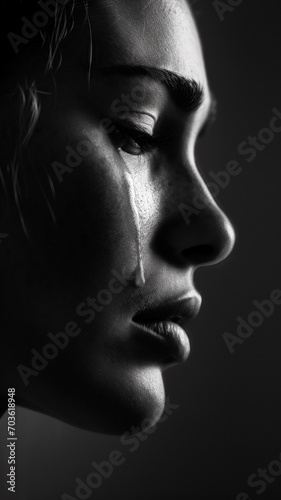  black and white side view portrait of a person with a single tear gently tracing down their cheek, blurring the line between skin and the teardrop. human emotions. 