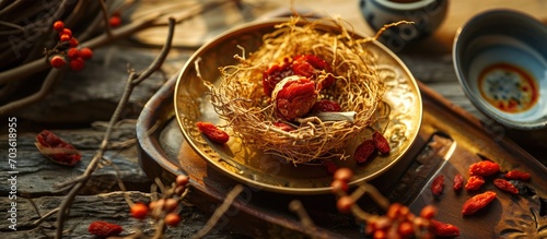 Bird's nest on golden dish with jujube and goji berries promotes health and skin. photo